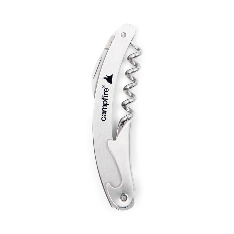 A durable stainless steel corkscrew with a folding design, included in the Campfire 22pc BBQ Set, features the brand name "Campfire" and bird logo printed on the side—making it perfect for outdoor cooking or as an essential part of your BBQ kit.