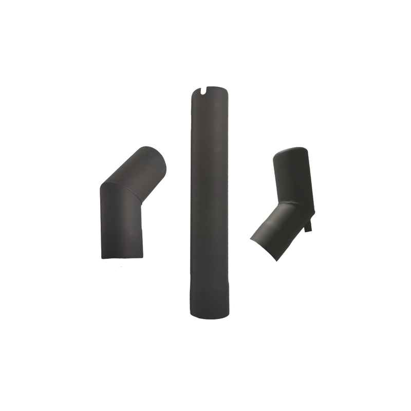 Three matte black cylindrical pipe fittings from the Ozpig Big Pig Offset Chimney Kit are arranged on a white background; the center pipe is vertical, with two angled fittings positioned to the left and right at different tilts. These components by Ozpig are ideal for use as a chimney extension with Ozpig wood-fired stoves or a Big Pig Offset Chimney setup.