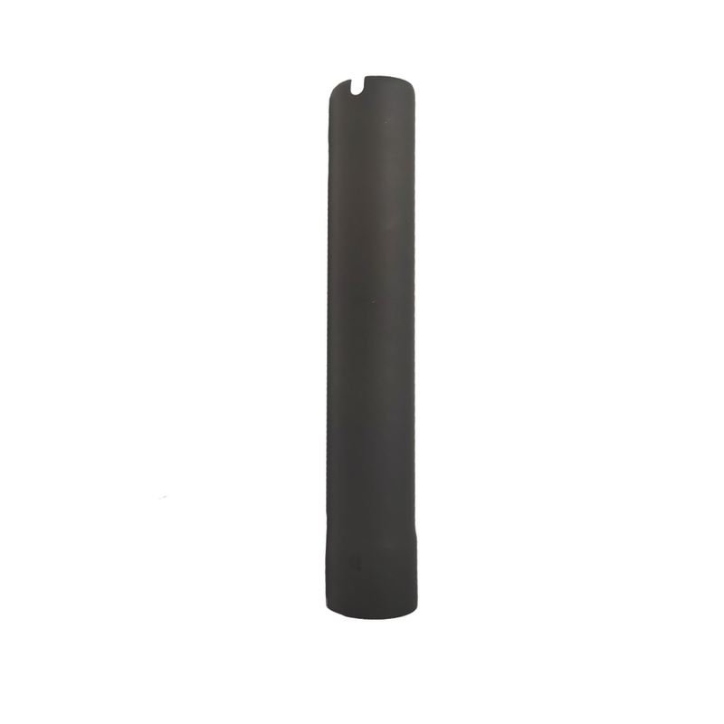 A tall, cylindrical black Ozpig Big Pig Offset Extension Chimney with a smooth surface and a small notch at the top stands upright against a white background—perfect as a chimney extension for your flue system or compatible with Ozpig Big Pig installations.