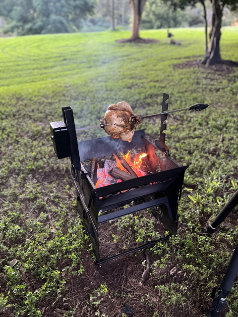 A whole chicken is slow-roasting on a spit over an open flame in a metal grill, set outdoors on grass surrounded by trees and greenery, absorbing rich wood-fired flavour—an ideal showcase of outdoor cooking with the Ozpig Fire Pit Rotisserie Kit from Ozpig.