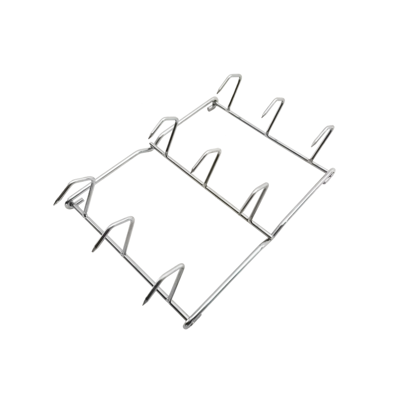 Ozpig Oven Smoker Hanging Rack by Ozpig, a stainless steel rack with multiple angled slots designed to hold ribs upright for grilling or roasting—ideal for preparing smoked meats. Shown on a white background.