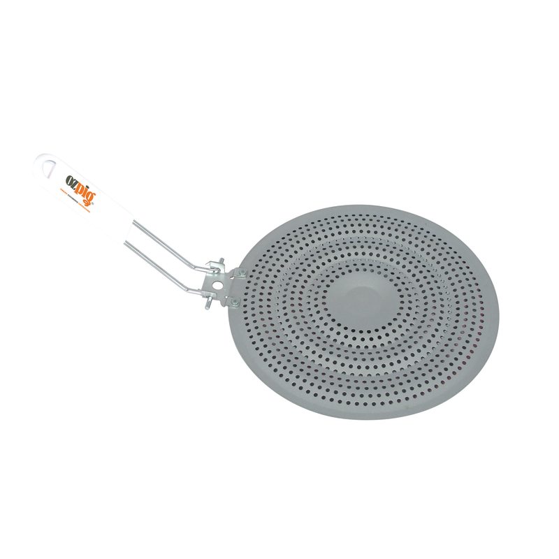 The Ozpig Diffuser (S2/S1) by Ozpig is a round, gray metal splatter screen with a perforated surface and a white handle, designed for covering pots or pans to prevent splashes while cooking—an essential addition to your campfire cooking accessories or wood fired stove diffuser setup.