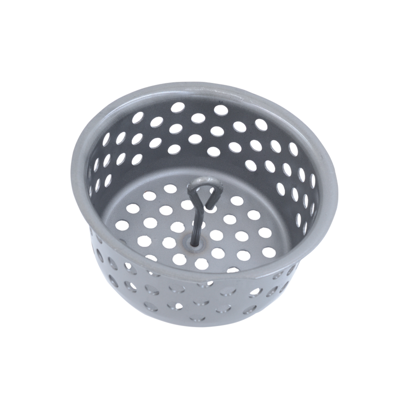 A round, gray, metal Ozpig Heatbead Basket by Ozpig, featuring multiple perforations and a small central handle reminiscent of BBQ heat source accessories, isolated on a white background.