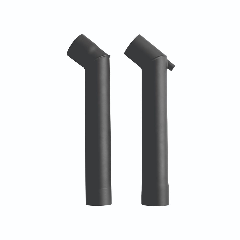 Two black cylindrical objects with angled tops, one featuring a small protruding tube, stand upright side by side against a plain white background. The Ozpig Double Offset Chimney Pieces by Ozpig are designed to provide functional connections for your chimney outlet system when using Ozpig wood fired stoves.