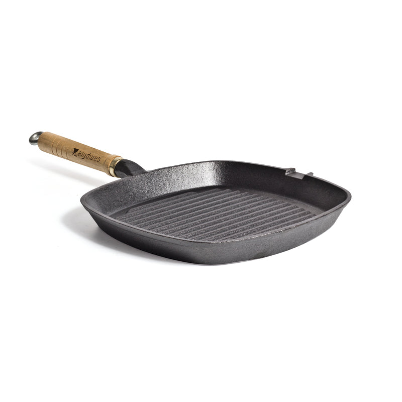 The Campfire Square Cast Iron Frypan - 24cm is a black cast iron frypan with a wooden handle, designed with a ridged griddle cooking surface and a convenient side spout for easy pouring. This pre-seasoned pan is shown against a white background.