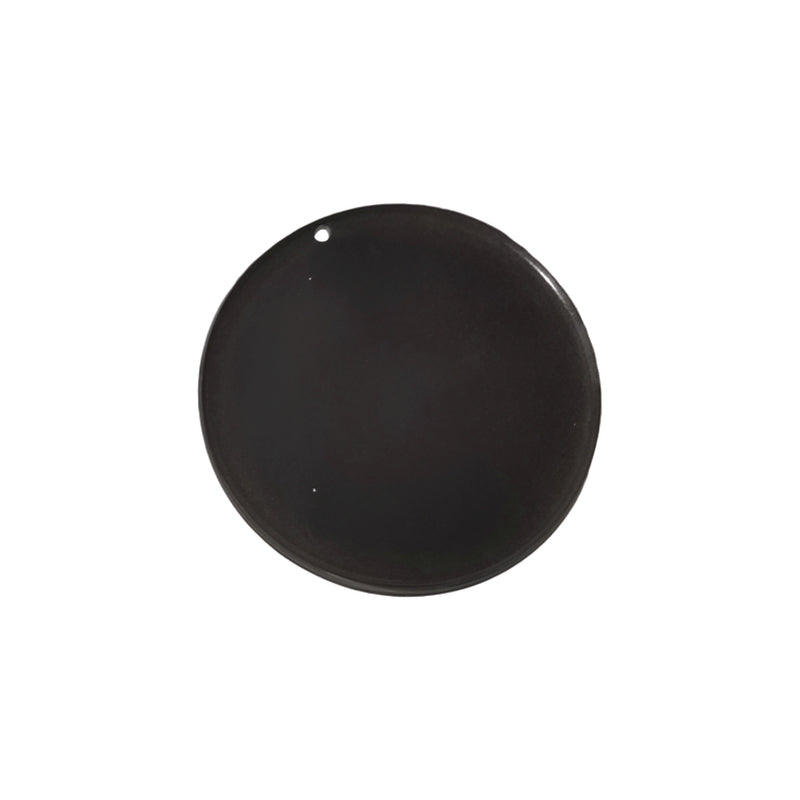 The Ozpig Oven Smoker Turning Plate by Ozpig is a round, flat, solid black disc with a small hole near the edge—ideal as a replacement or accessory for your Ozpig Oven Smoker. Shown on a plain white background.