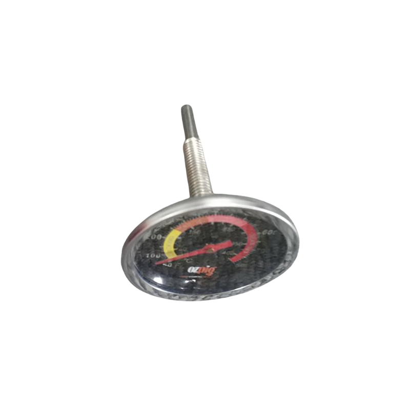 The Ozpig Oven Smoker Temp Gauge by Ozpig is a round metal thermometer with a probe and a dial face showing colored zones in yellow, red, and black for temperature measurement, shown on a white background.