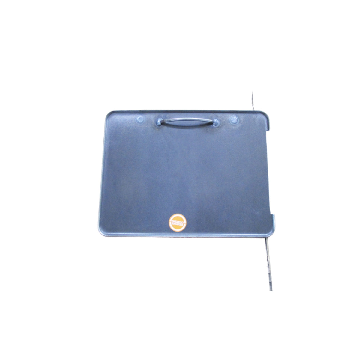 A black carrying case with a handle and an orange sticker on the front, designed for the Ozpig Traveller BBQ Plate by Ozpig and compatible with the OZP-T-001-01 replacement BBQ plate, isolated on a white background.