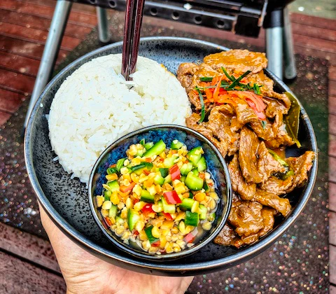Thai Panaeng Beef Rump Cap Curry with Cucumber Relish & Rice Recipe image
