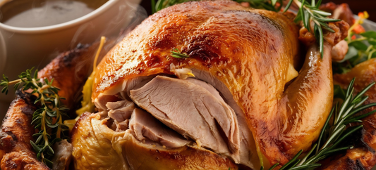 Golden roasted turkey with crisp skin, carved breast meat, fresh herbs, and steaming gravy on a serving platter.