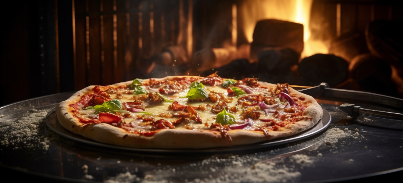 Wood-fired pizza cooking on a hot plate with flames and timber burning in the background