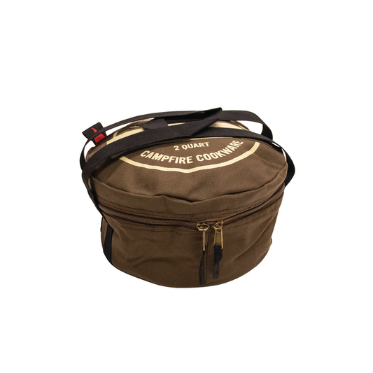 A round, brown zippered Campfire 2 Quart Camp Oven Canvas Bag with black carrying straps and a small red detail on one strap, set against a white background.