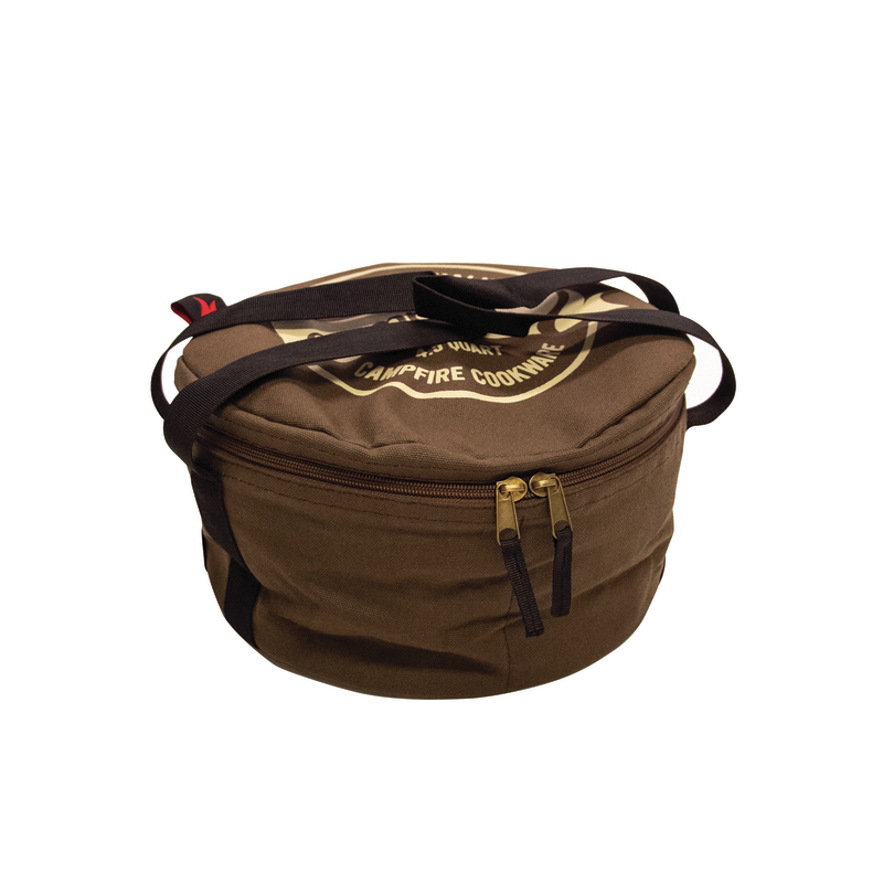 A round, brown 4.5 Quart Canvas Camp Oven Bag by Campfire, made of canvas with black handles and dual zippers, features yellow text on the lid. This padded oven carrier is closed and sits on a white background.