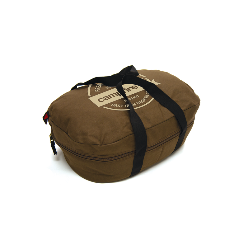A brown, oval-shaped 10 Quart Canvas Camp Oven Bag by Campfire, with black handles, a zipper closure, and the "Campfire" logo and text displayed on top.
