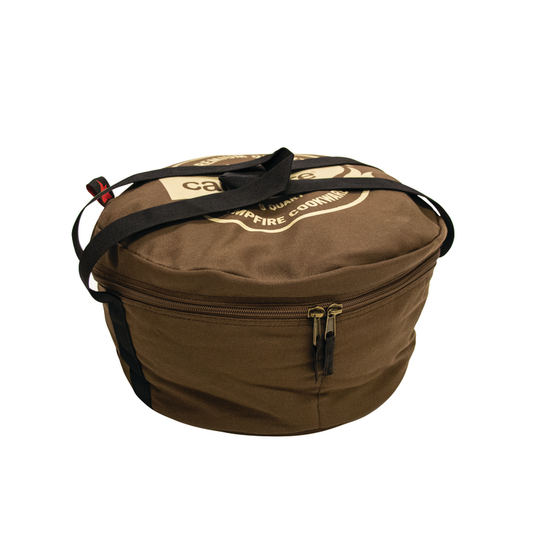 The Campfire 9 Quart Canvas Camp Oven Bag is a round brown zippered bag with reinforced handles and a black shoulder strap, featuring printed text and graphics on the lid—perfect for carrying your 9QT Dutch oven.