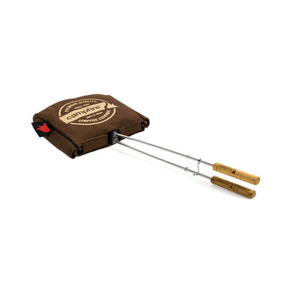 A Campfire Canvas Bag Jumbo Jaffle Single is a brown, square metal campfire sandwich maker with wooden handles, featuring a branded padded canvas bag for protection.
