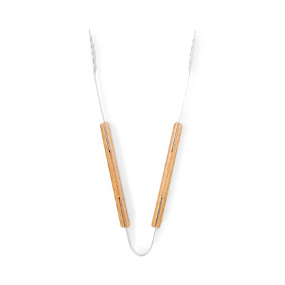 A pair of stainless steel tongs with wooden handles from the Campfire 22pc BBQ Set is arranged in a V shape on a white background—perfect for outdoor cooking or completing your barbeque kit.
