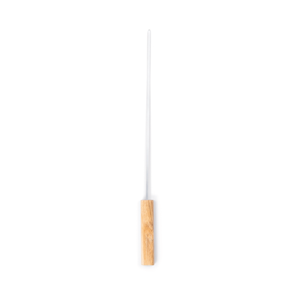 The Campfire 22pc BBQ Set features a long stainless steel skewer with a light wooden handle, shown vertically on a white background—an ideal addition to your outdoor cooking gear and perfect for barbecues.