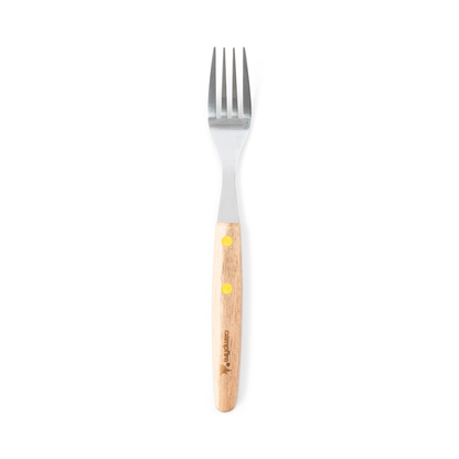 The Campfire 22pc BBQ Set features a stainless steel fork with a wooden handle and two yellow rivets, ideal for outdoor cooking or barbecues, shown against a white background.