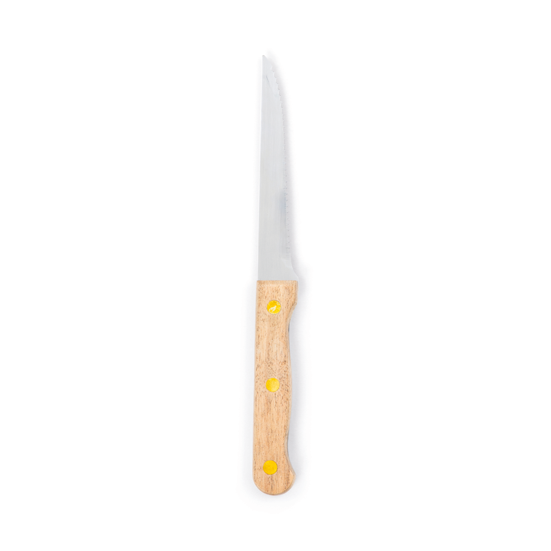 Introducing the Campfire 22pc BBQ Set: This set includes a serrated kitchen knife with a stainless steel silver blade and a light wooden handle accented by three brass rivets, shown against a white background—an essential tool for effortless outdoor cooking.