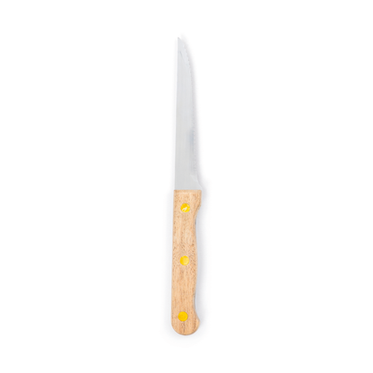 Introducing the Campfire 22pc BBQ Set: This set includes a serrated kitchen knife with a stainless steel silver blade and a light wooden handle accented by three brass rivets, shown against a white background—an essential tool for effortless outdoor cooking.