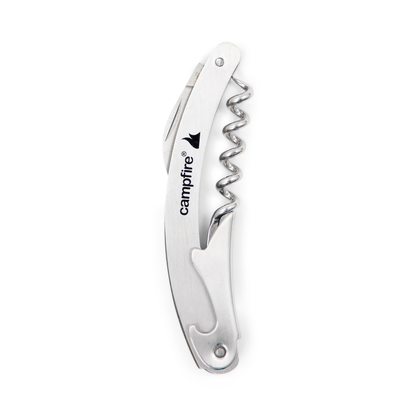A durable stainless steel corkscrew with a folding design, included in the Campfire 22pc BBQ Set, features the brand name "Campfire" and bird logo printed on the side—making it perfect for outdoor cooking or as an essential part of your BBQ kit.