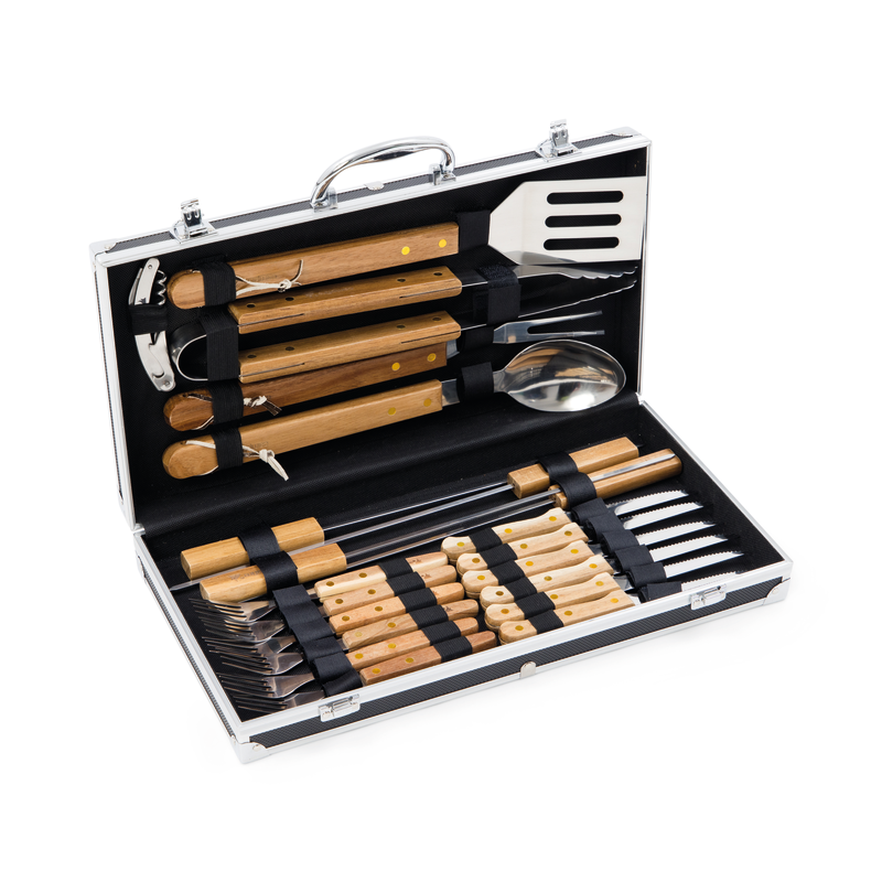 Housed in a black and silver case, the Campfire 22pc BBQ Set reveals a neatly arranged collection of stainless steel tools with wooden handles—including spatulas, tongs, forks, knives, skewers, and corn holders—making it ideal for outdoor cooking enthusiasts.
