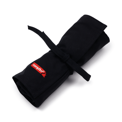 A black fabric roll with a tie and a red "Campfire" logo, neatly rolled up and secured, is shown on a white background—ideal for carrying your Campfire 12pc Cutlery Set with stylish acacia wood handles.