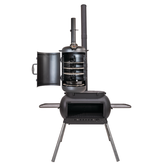 Introducing the Ozpig Big Pig Smoker Combo by Ozpig—a robust black metal outdoor smoker and grill designed with two stacked compartments, each featuring doors that open for easy access. The upper section includes racks for smoking, while the lower section is ideal for grilling, making it a versatile oven smoker combo for preparing woodfired meals. Equipped with side shelves and sturdy legs, this unit offers both convenience and stability for all your outdoor cooking adventures.