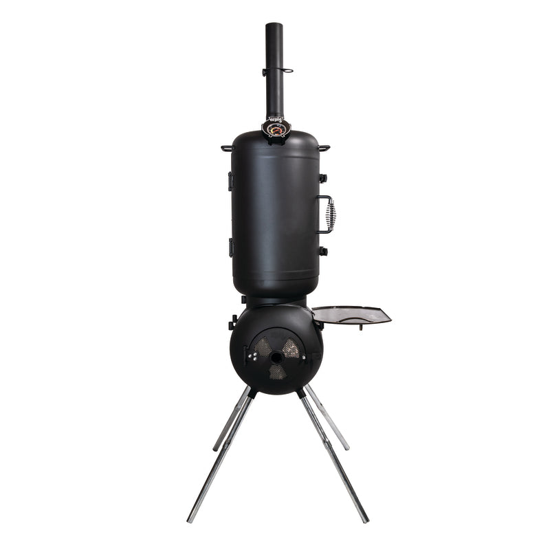 The Ozpig Series 2 Smoker Combo by Ozpig features a black vertical smoker grill with a cylindrical smoking chamber above a round firebox, supported by four angled metal legs. It includes a small side shelf and a thermometer mounted on the top chamber. Inspired by the Ozpig Oven Smoker design, this portable smoker offers versatile wood-fired oven cooking, making it ideal for outdoor gatherings.