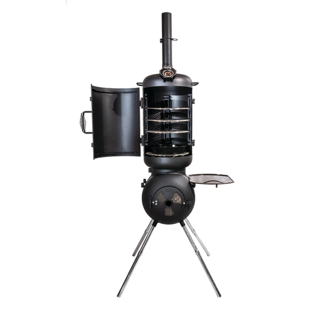 A black Ozpig Series 2 Smoker Combo by Ozpig is pictured with its door open, revealing several metal racks inside. Boasting a cylindrical top chamber, rounded base, sturdy legs, integrated temperature gauge, and a convenient side shelf, it combines the charm of a traditional wood-fired oven with the portability and versatility of a modern smoker design.