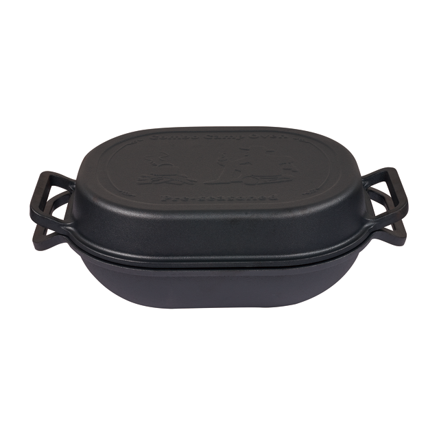 Introducing the Combo Camp Oven by Campfire—a black, pre-seasoned cast iron Dutch oven featuring sturdy handles on both sides and a lid with an embossed design. Its oval shape makes it perfect for campfire cooking, as showcased against a white background.