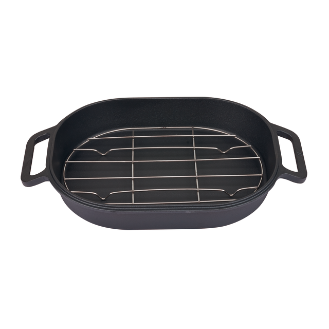 The Campfire Combo Camp Oven is a black oval roasting pan featuring two handles and a removable metal rack inside, ideal for campfire cooking, displayed on a white background.