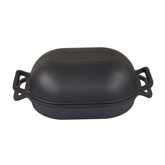 The Campfire Combo Camp Oven, a black pre-seasoned cast iron Dutch oven featuring a domed lid and side handles, ideal for campfire cooking, is displayed against a white background.