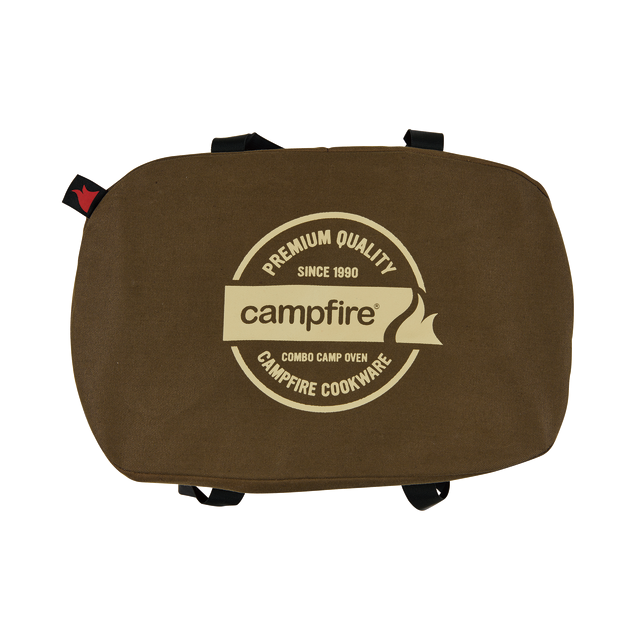 Campfire Combo Camp Oven Canvas Bag—brown oval-shaped canvas carry bag with reinforced black straps, featuring the words "Premium Quality Since 1990, Campfire, Combo Camp Oven, Campfire Cookware" printed in cream on the top.
