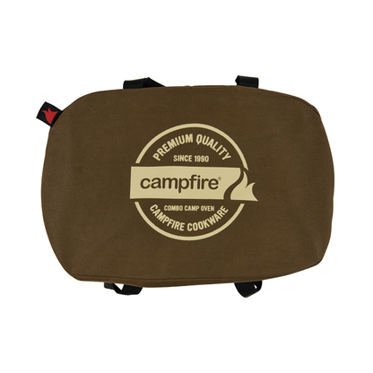 Campfire Combo Camp Oven Canvas Bag—brown oval-shaped canvas carry bag with reinforced black straps, featuring the words "Premium Quality Since 1990, Campfire, Combo Camp Oven, Campfire Cookware" printed in cream on the top.