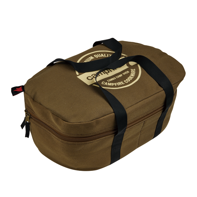 Introducing the Campfire Combo Camp Oven Canvas Bag—a durable brown rectangular carry bag with reinforced handles, a zipper closure, and a round label on top featuring the "Campfire" logo. Perfect for transporting your camp oven and outdoor essentials.