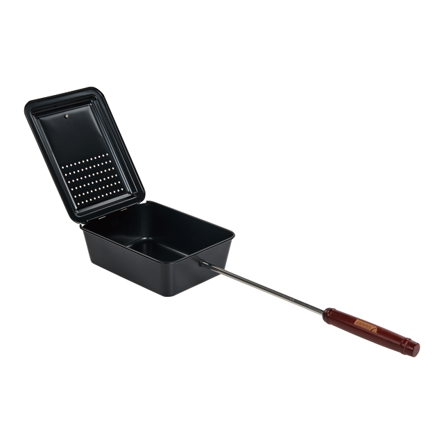 Introducing the Campfire Popcorn Pan—a black, rectangular popper designed for campfire cooking. Featuring a long metal handle with a wooden grip, this pan makes preparing fire-popped popcorn easy and convenient. The lid opens to reveal ventilation perforations, ensuring deliciously popped kernels right over the flames.