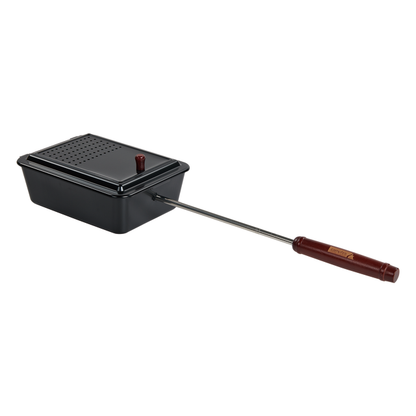 The Campfire Popcorn Pan is a black metal pan designed for campfire cooking, featuring a rectangular vented lid and a long handle with a wooden grip. Ideal for making delicious fire-popped popcorn, it is shown against a white background.