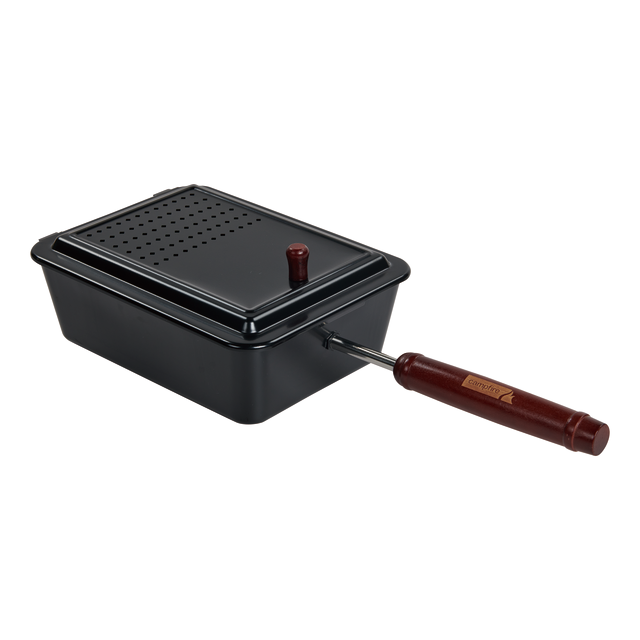 The Campfire Popcorn Pan is a rectangular, black pan featuring a vented lid, wooden handle, and small red knob—ideal for making fire-popped popcorn on your stovetop or during campfire cooking adventures.