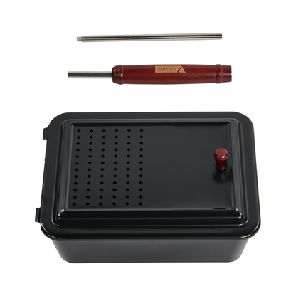 A Campfire Popcorn Pan in black, featuring a rectangular design with a vented lid, detachable wooden handle, and metal rod—all set against a white background—perfect for making fire-popped popcorn and enjoying campfire cooking.