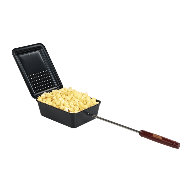 A Campfire Popcorn Pan in black, featuring a hinged lid and a long wooden handle, is filled with freshly fire-popped popcorn and sits on a white background—perfect for campfire cooking.