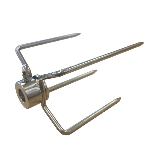 The Ozpig Rotisserie Prong by Ozpig features three sharp stainless steel prongs connected to a sturdy central hub, providing a durable and compatible replacement fork for the Ozpig Rotisserie Kit—perfect for securely holding meat on a spit during grilling or roasting.