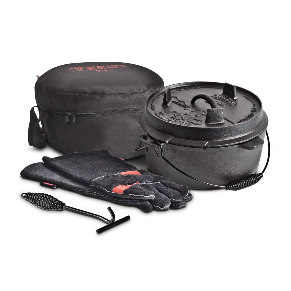 The Campfire Camp Oven Set 4.5 Quart, featuring a black cast iron camp oven with a reversible lid, a black carrying case, black gloves, and a metal lid lifter tool, is arranged on a white background—ideal for outdoor cooking adventures.