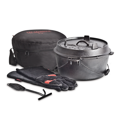 The Campfire Camp Oven Set 9 Quart includes a pre-seasoned black cast iron camp oven with lid, black gloves, a metal lid lifter, and a black carrying case—all arranged on a white background, making it perfect for outdoor cooking adventures.