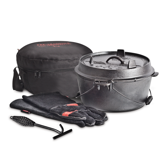 The Campfire Camp Oven Set 9 Quart includes a pre-seasoned black cast iron camp oven with lid, black gloves, a metal lid lifter, and a black carrying case—all arranged on a white background, making it perfect for outdoor cooking adventures.