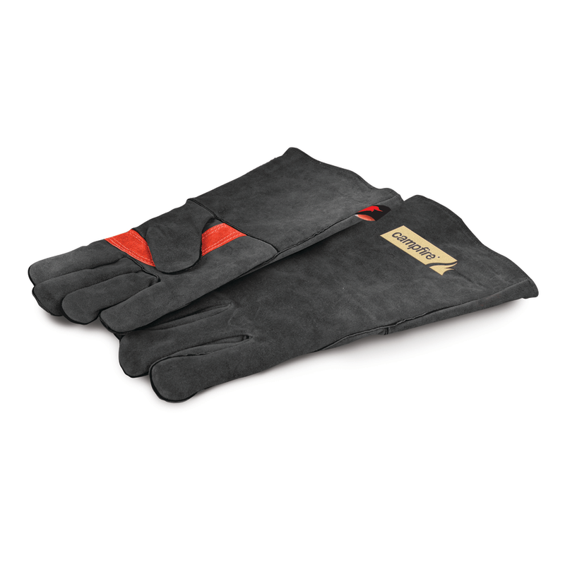 A pair of Campfire Protective Leather Gloves—long, black suede gloves accented with a small red detail and a tan label on one glove—are laid flat on a white background. These gloves combine stylish design with reliable heat insulation, making them an excellent choice for tasks like campfire cooking.