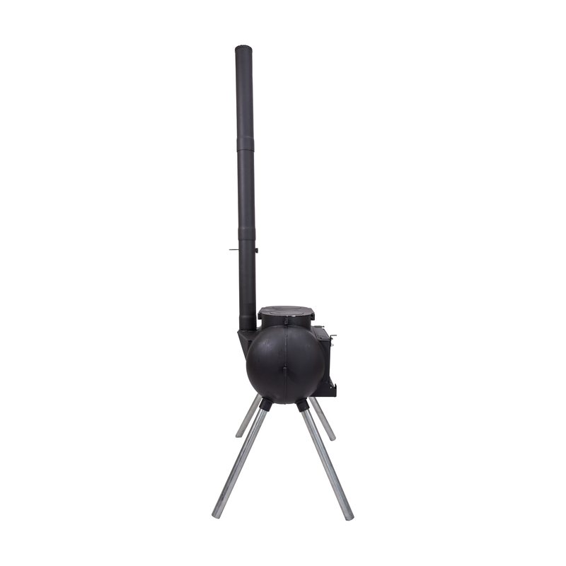 The Ozpig Big Pig by Ozpig is a black, round portable wood stove with three silver legs and a tall chimney pipe, designed for home woodfired cooking, shown against a white background.
