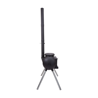 The Ozpig Big Pig by Ozpig is a black, round portable wood stove with three silver legs and a tall chimney pipe, designed for home woodfired cooking, shown against a white background.