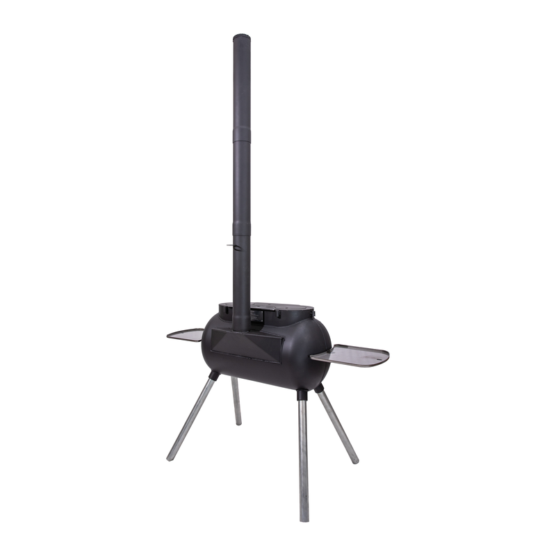 The Ozpig Big Pig by Ozpig is a black portable wood stove featuring four metal legs, a tall chimney pipe, and two side shelves, designed for outdoor or camping use as both a grill and smoker for home woodfired cooking, shown against a plain white background.